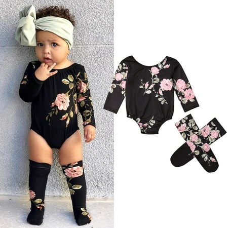 

IZhansean Newborn Baby Girls Floral Bodysuit Long Sleeve Jumpsuit Socks Casual Clothes Set Black 6-9 Months