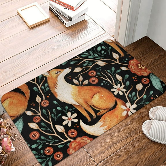 Front Door Mat Indoor Outdoor Outside Entrance - 16*24in Washable Fox Fall Forest Flower Thin Bathroom Rugs Fit Under Door, Bath Rugs for Bathroom, Kitchen Rugs Mats for Floor