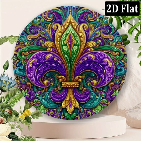 2D Flat, Vintage Mardi Gras Wall Art Sign Colorful Circular Aluminum Decoration with Fleur-de-lis Design, Vibrant Purple, Green Yellow Patterns for Home, Bar, Cafe, Restaurant Celebrations Easy
