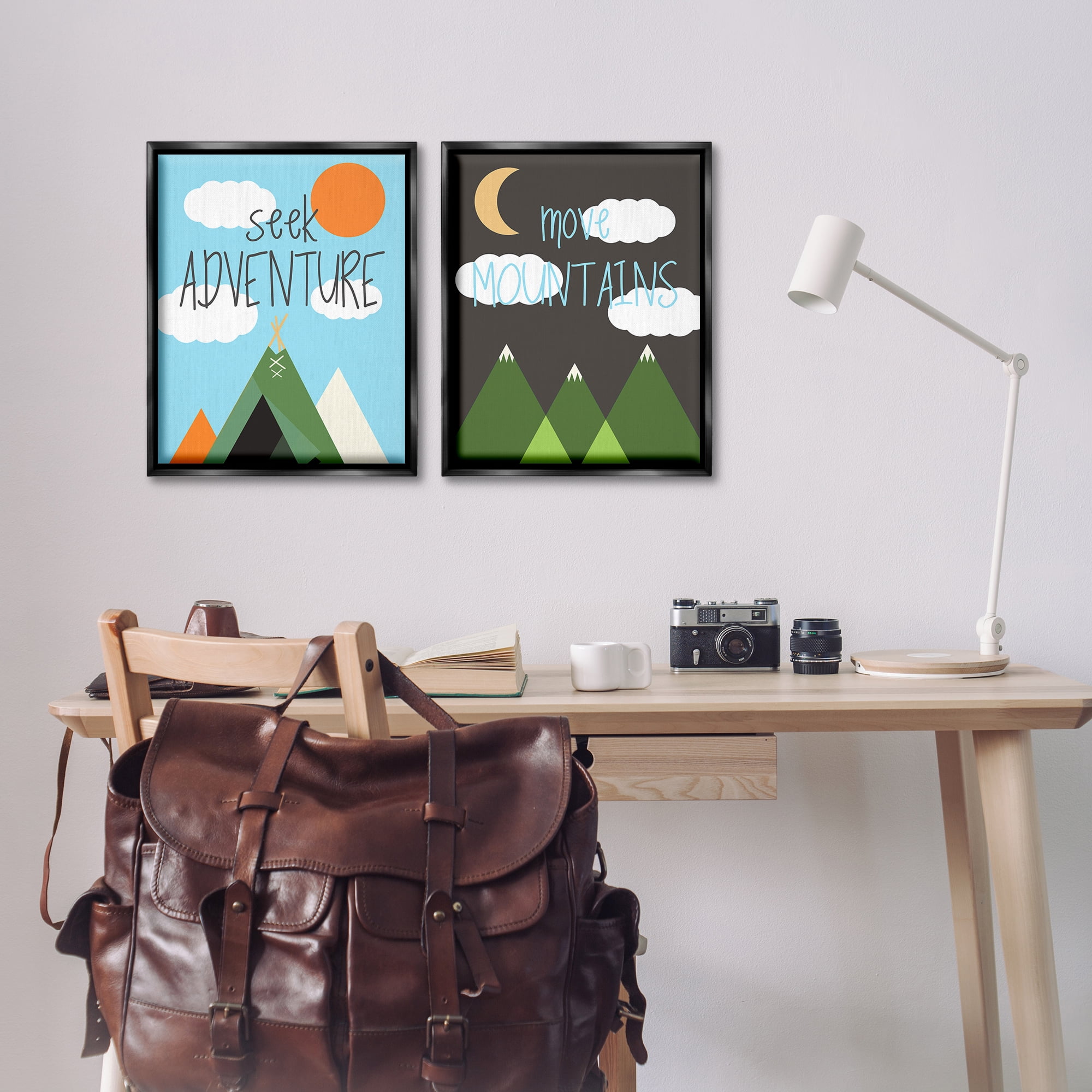 Stupell Industries Seek Adventure Move Mountains Text & Numbers Painting Black Floater Framed Canvas Art Print Wall Art, 17 x 21, Set of 2