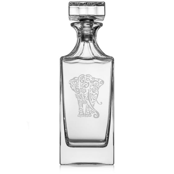 30 oz Glass Whiskey Decanter with Glass Stopper Gift Tribal Elephant