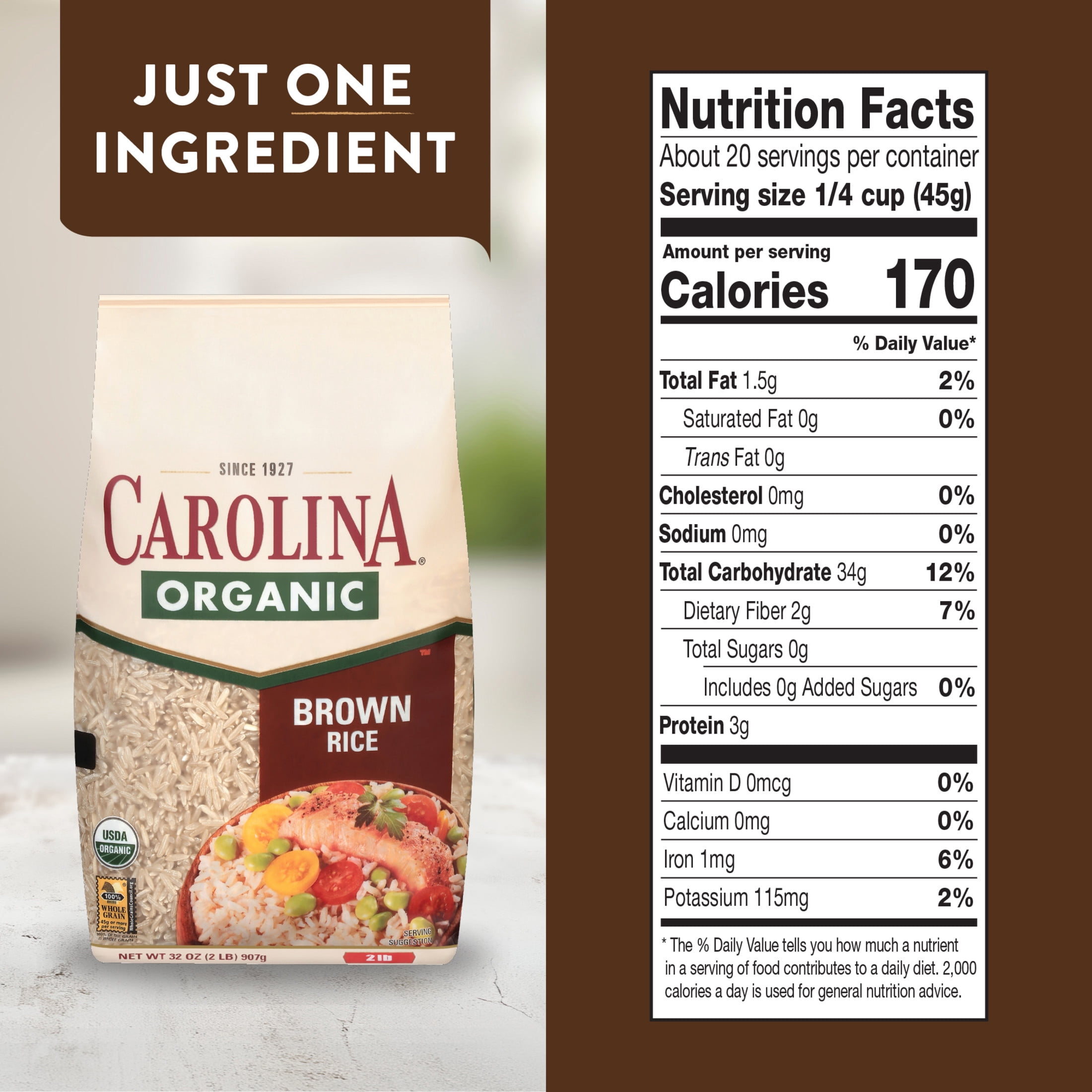 Carolina Organic Brown Long Grain Rice, Gluten Free, 2 lb Bag
