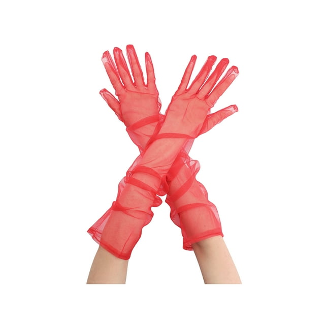 GUANTES LARGOS DE TUL INSPIRADOS EN CHIC PARA MUJERES, GUANTES TRANSPARENTES DE DEDO COMPLETO PARA NOCHE DE BODA, ROJO M