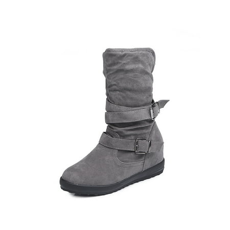 

UKAP Women s Fashion Round Toe Flat Heel Buckle Slouchy Mid-Calf Boot Shoes