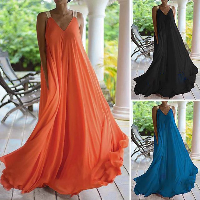 Gspmoly Robe d'Été, Robe d'Été pour Femme Grande Taille Sans Manches à Col en V, Robe de Plage Longue, Robes de Travail pour Femmes Offres Prime