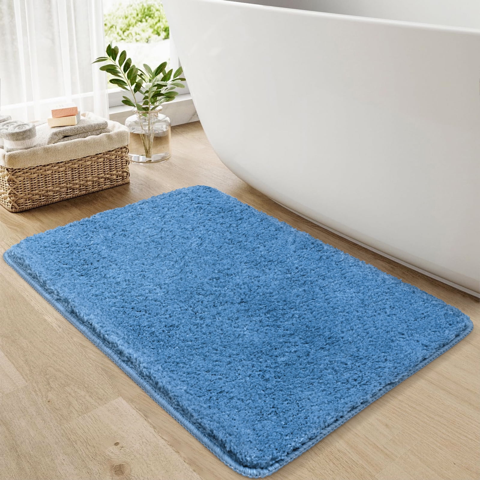 FRAMICS Tassel Shower Curtain Sets with Bath Rug, Boho Striped Farmhouse Bathroom Sets with Hooks, Heavy-Duty Fabric, Water-Repellent and Washable, 72" x 72", Blue