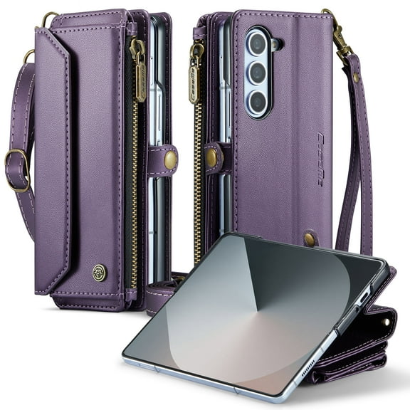 Allytechgroup Crossbody Wallet Case for Samsung Galaxy Z Fold 7, Shoulder Strap Hand Wrist Cards Slots RFID Blocking Large Capacity Zipper Pocket Shockproof Phone Case for Girls Women, Purple