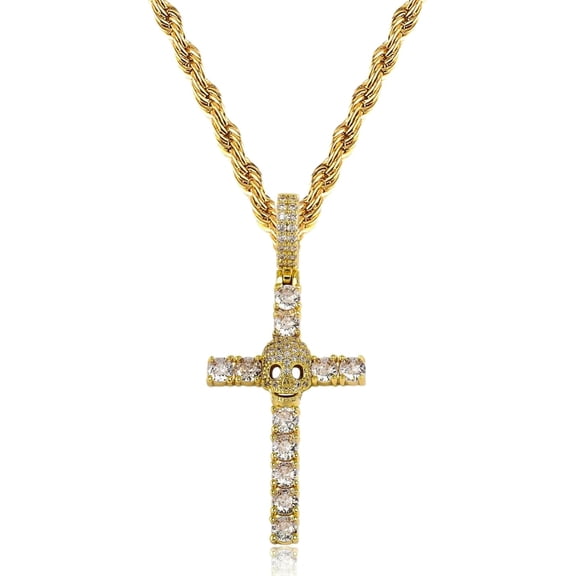 14K Gold Plating Skull Cross Iced Out Pendant with 20'' Rope Chain, Prong Set 5A Brilliant Cut CZ Charm Necklace for Men Women