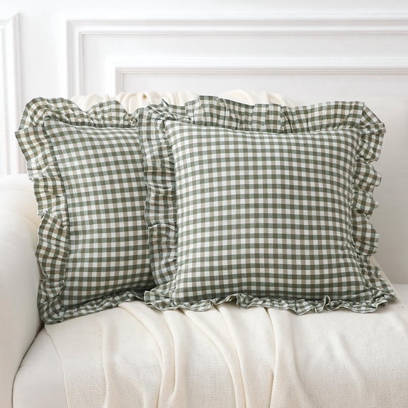 2 Pack Sage Green Plaid Ruffle Gingham Throw Pillow Covers, 100% Washed Cotton Checkered Farmhouse Decorative Pillow Shams for Bed/Sofa - 18''x18''