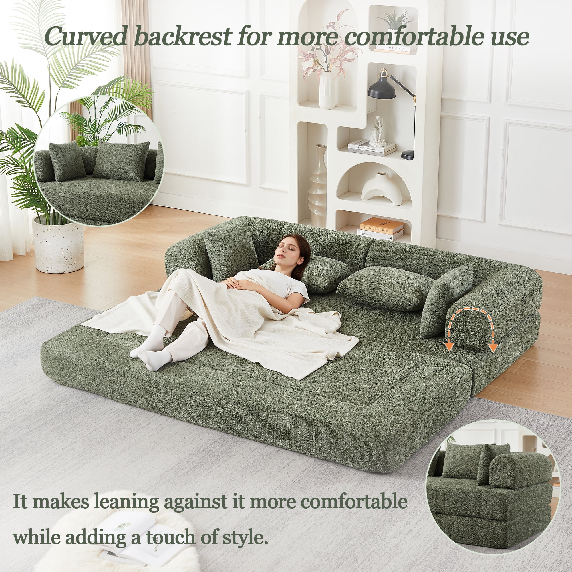 78.9inch Convertible Sleeper Sofa,Chenille Folding Mattress Sofa with DIY Removable Armrests,Floor Standing Lounge Sofa for Living Room Bedroom Small Space,Green