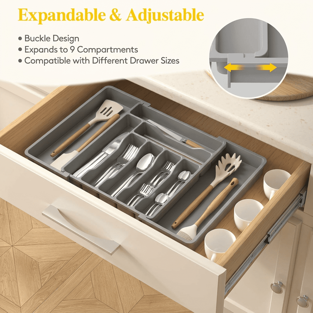 Norcho Expandable Utensil Organizer Drawer, Adjustable Cooking Silverware Tray, Plastic Spatula Tools Divider 13-22.4"x15" Gray