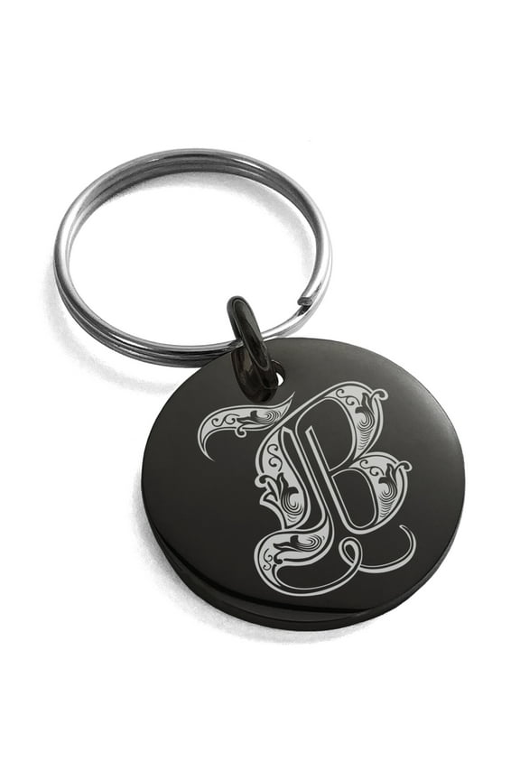 Stainless Steel Letter B Initial Royal Monogram Engraved Small Medallion Circle Charm Keychain Keyring