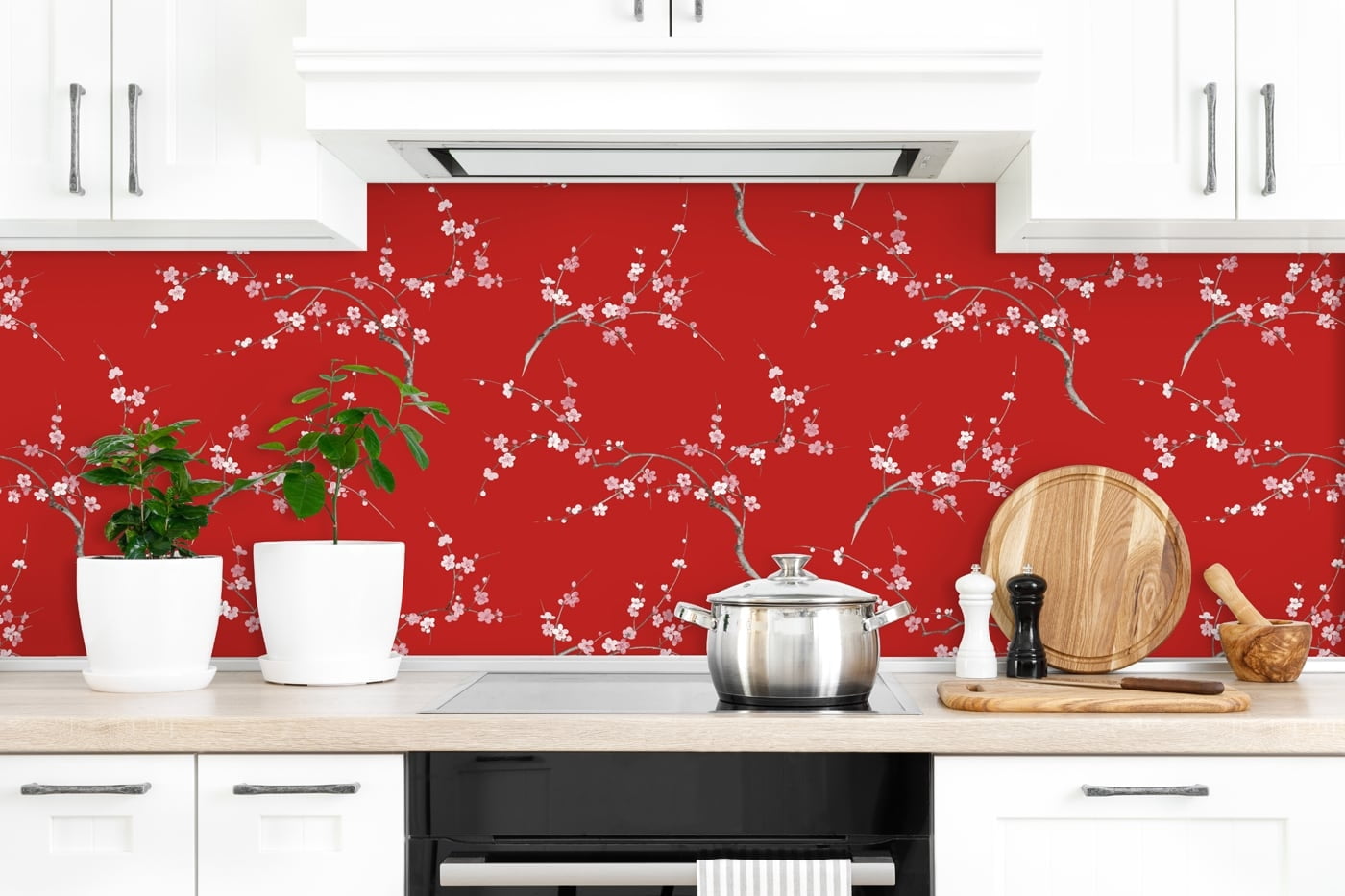 NextWall Scarlet & Petal Pink Cherry Blossom Floral Peel and Stick Wallpaper