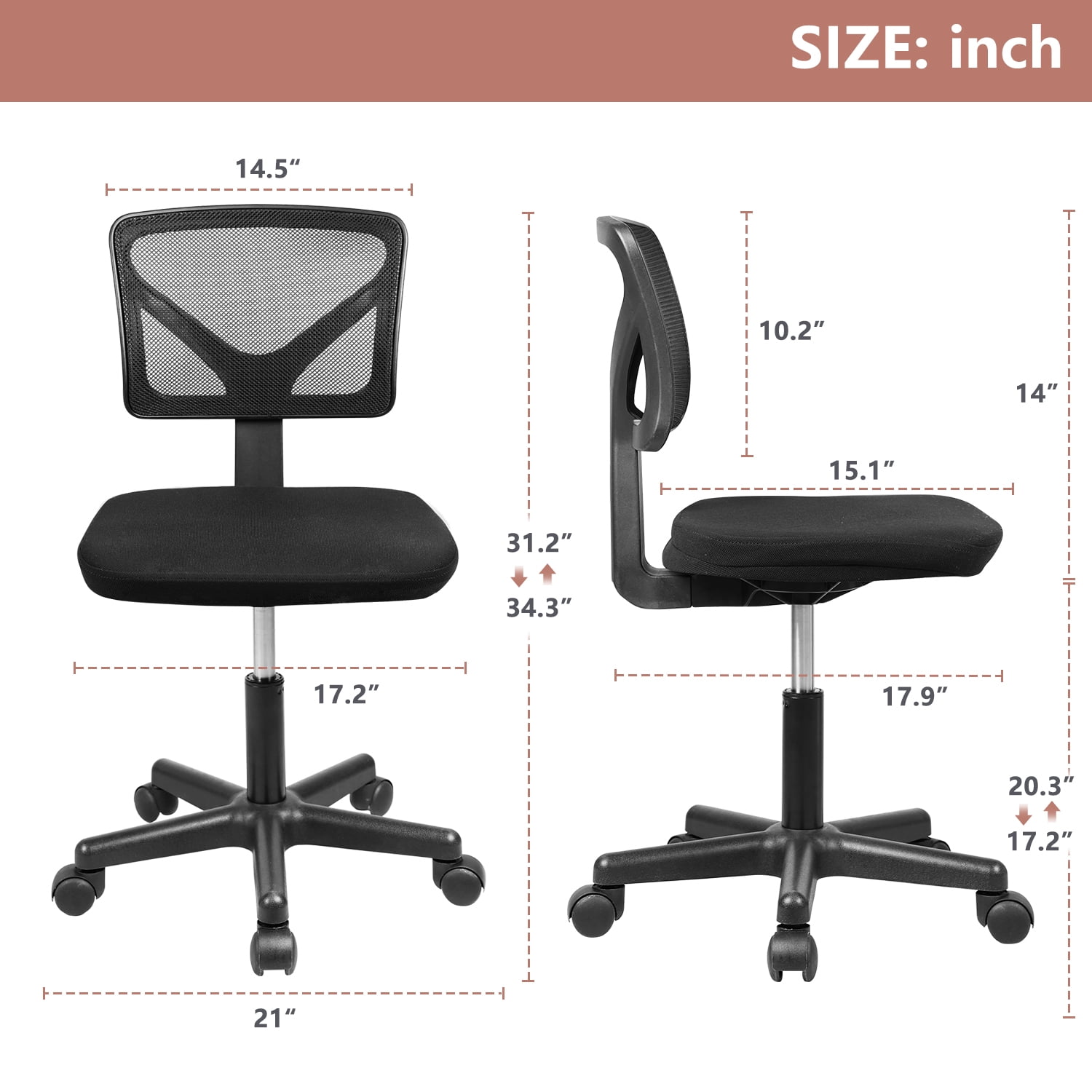 ZUNMOS Armless Mesh Desk Chair, Low Back Ergonomic Home Office Task Chair Rolling Swivel for Small Spaces, Height Adjustable, Black