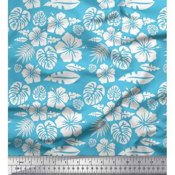 Soimoi Blue Cotton Duck Fabric Monstera Leaf & Floral Printed Fabric 1 Yard 56 Inch Wide