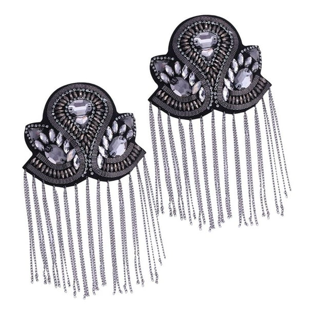 Broche de diamantes de imitación de lujo con borlas y flecos para hombrera, 2 piezas, para blazer, fiestas y festividades. Negro