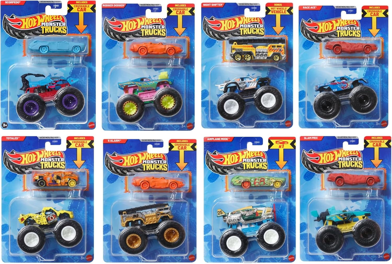 Hot Wheels Monster Trucks Bundle of 8 with Bonus Cars, Assorted Styles, Ages 3+ GRH81-999S