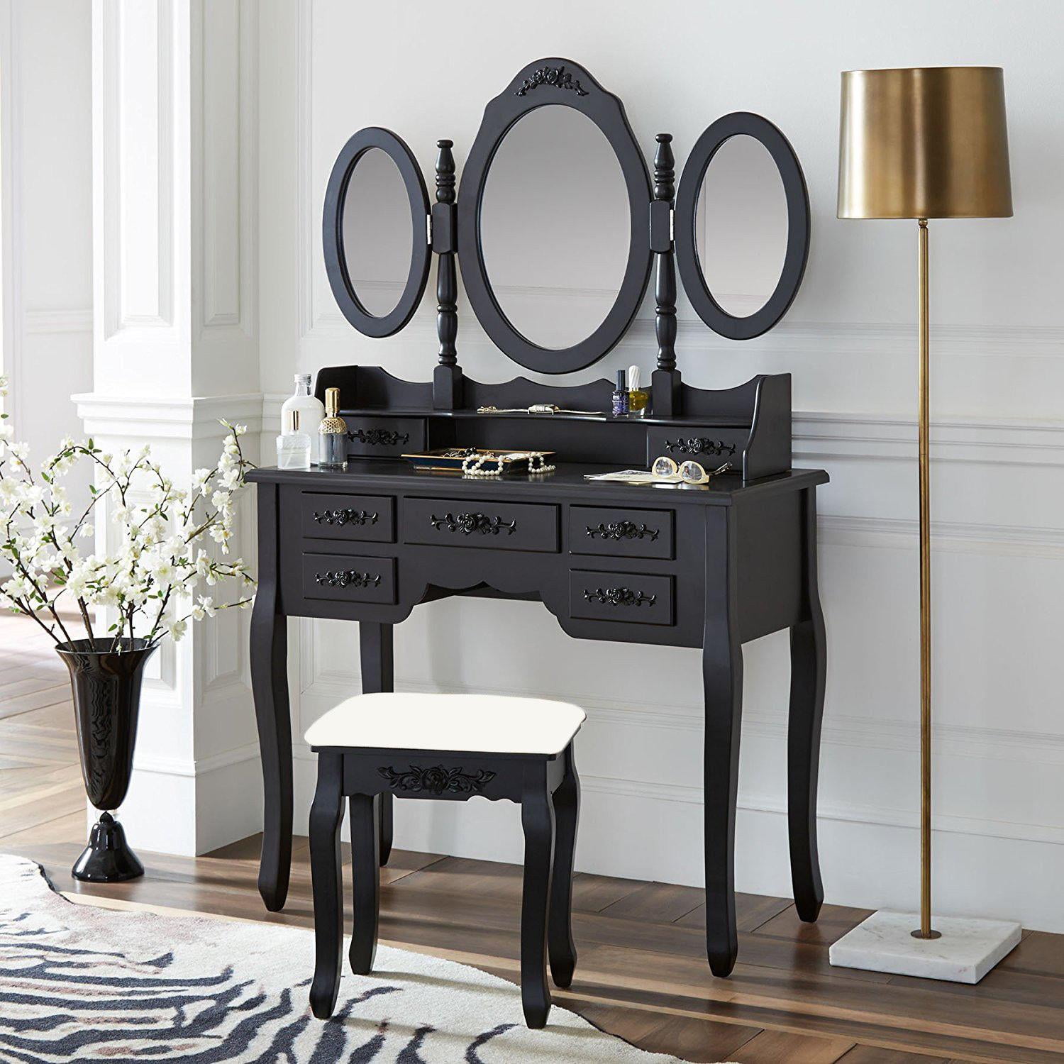 Ktaxon Black Dressing Table Makeup Desk Set 360 Rotation 3 Mirrors Ktaxon Black Dressing Table Makeup Desk Set 360 Rotation 3 Mirrors With 7 Drawers Com