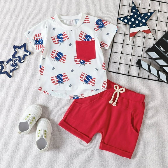 Bysome Toddler Boy Outfit Size 18 Months-24 Months Independence Day 4 Of July Short Sleeve Cartoon Prints T Shirt Tops Shorts Outfits White Boy Outfit Set