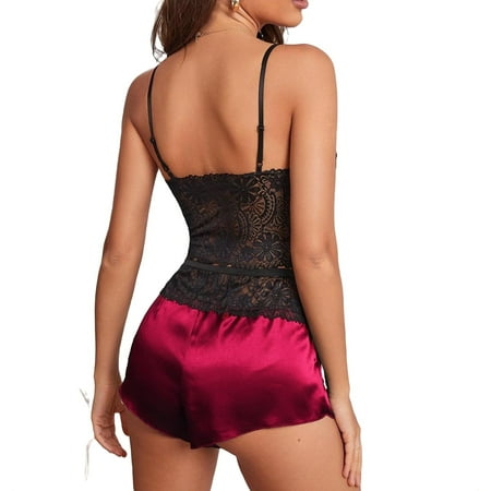

Sexy Colorblock Cami Strap Short Sets Sleeveless Burgundy Womens Pajama Sets (Women s)