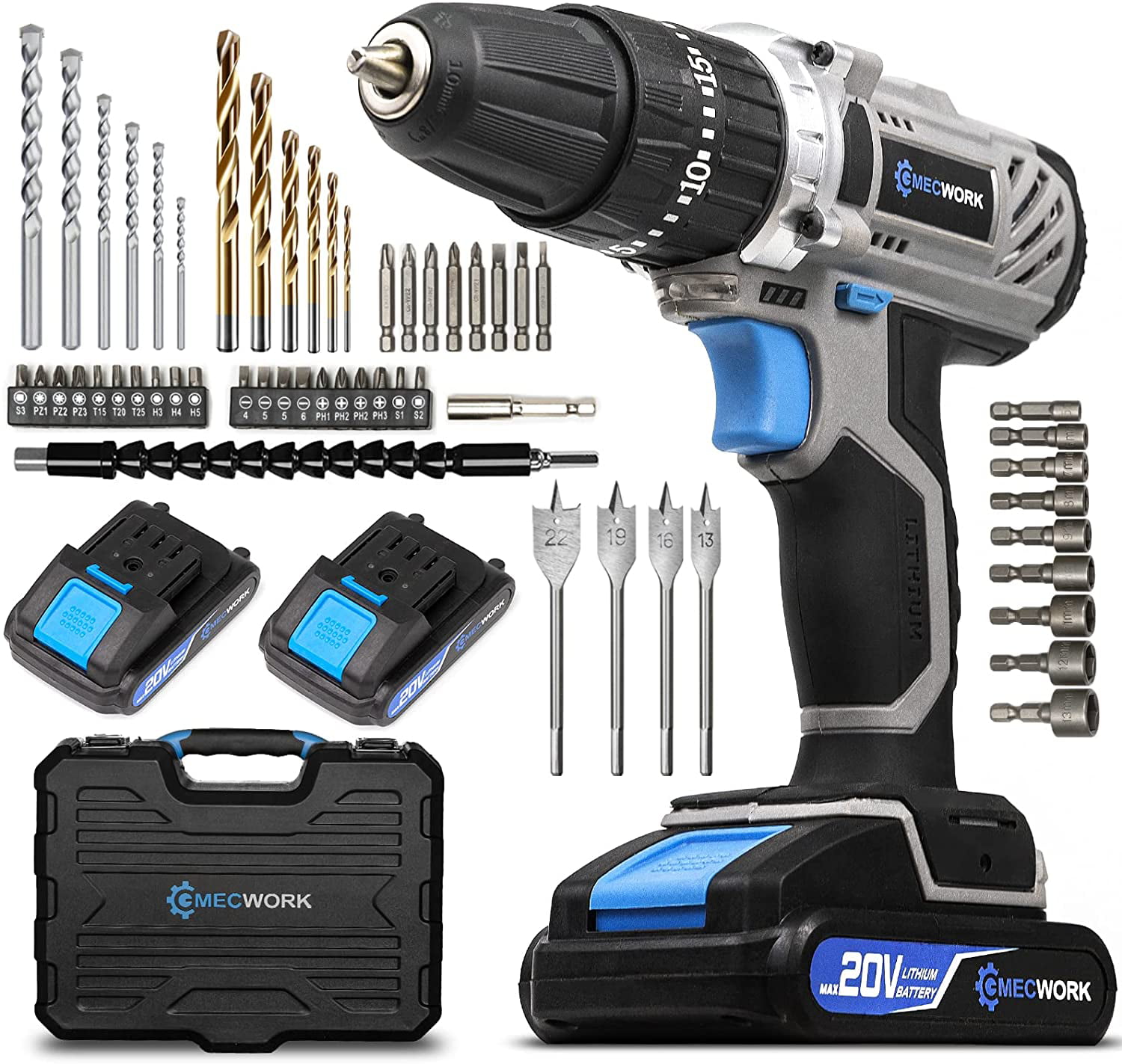 MecWork Cordless Power Drill Tool Set, Impact Driver with Two 20-Volt Batteries and Quick Charger, Keyless Chuck, 280 In-lb Torque, 21+1+1 Clutch, 55 PC. Bit Set Included -