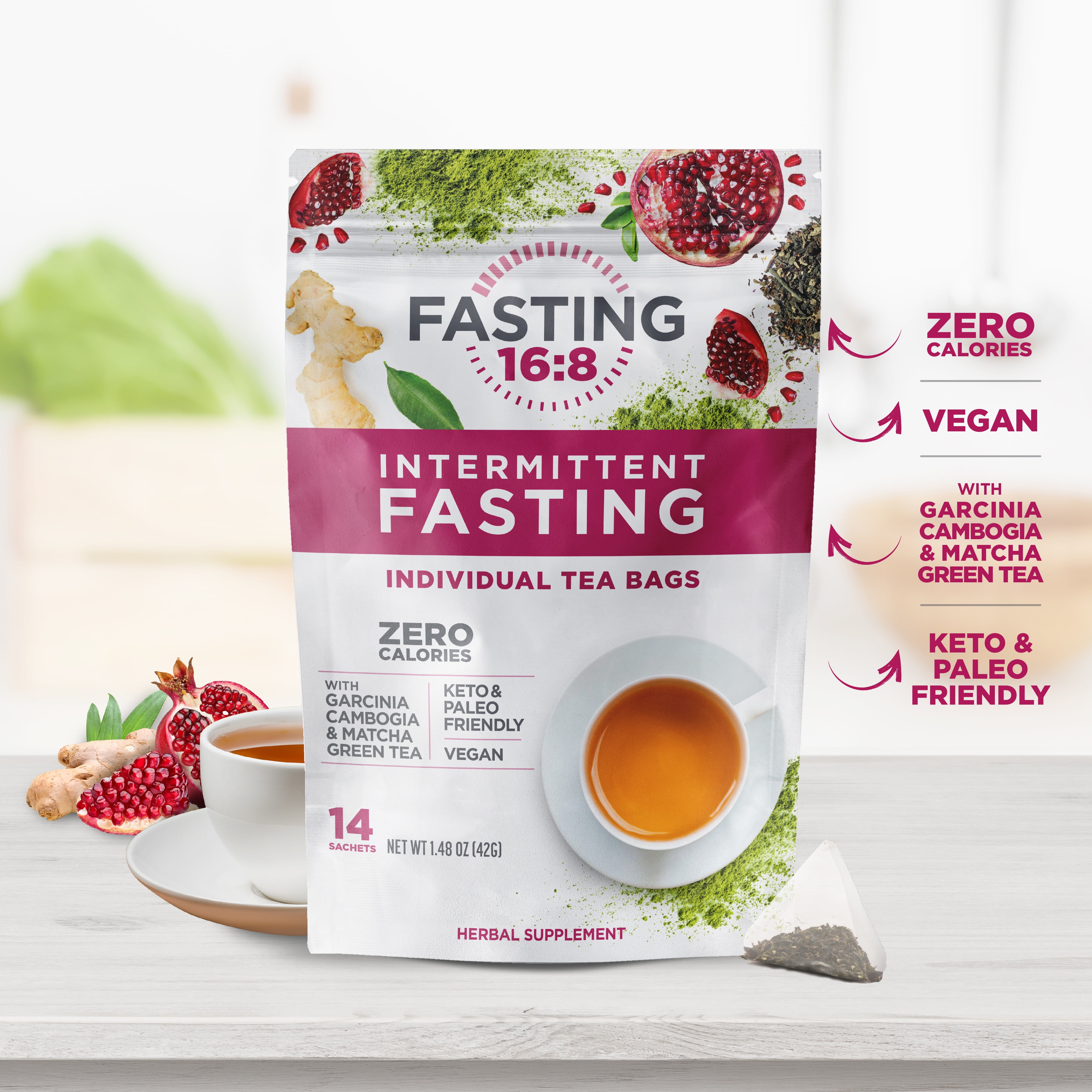 Fasting 16:8 Intermittent Fasting Individual Tea Bags, 0 Sugar, 0 Calories, Vegan, Gluten & Diary Free, 14 Count