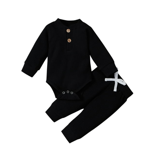 EYIIYE Nouveau-Né Ensemble 2 Pcs Pantalons Bébé Garçons Filles Grenouillère à Manches Longues Combinaison Côtelée de Couleur Unie Justaucorps à Col Ras du Cou avec Pantalon à Taille Élastique Vêtements Basiques Confortables Doux Décontractés pour le Printemps l'Automne