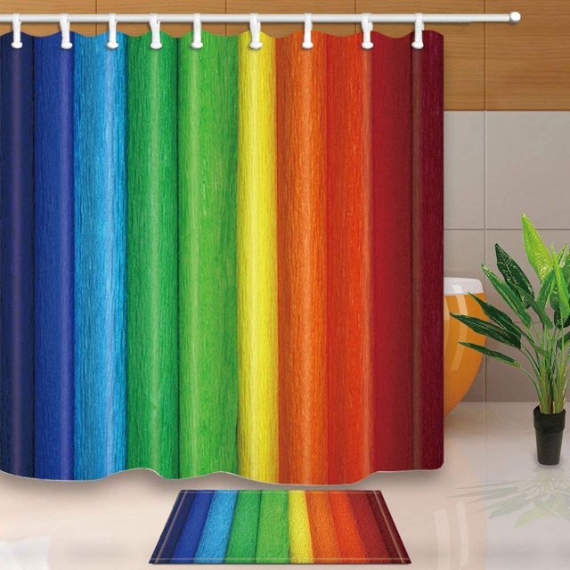 ABPHQTO Decoración de madera abstracta Líneas de rayas de colores del arco iris en el tablón Cortina de ducha 160x180 cm con piso Alfombras de baño 40x60 cm