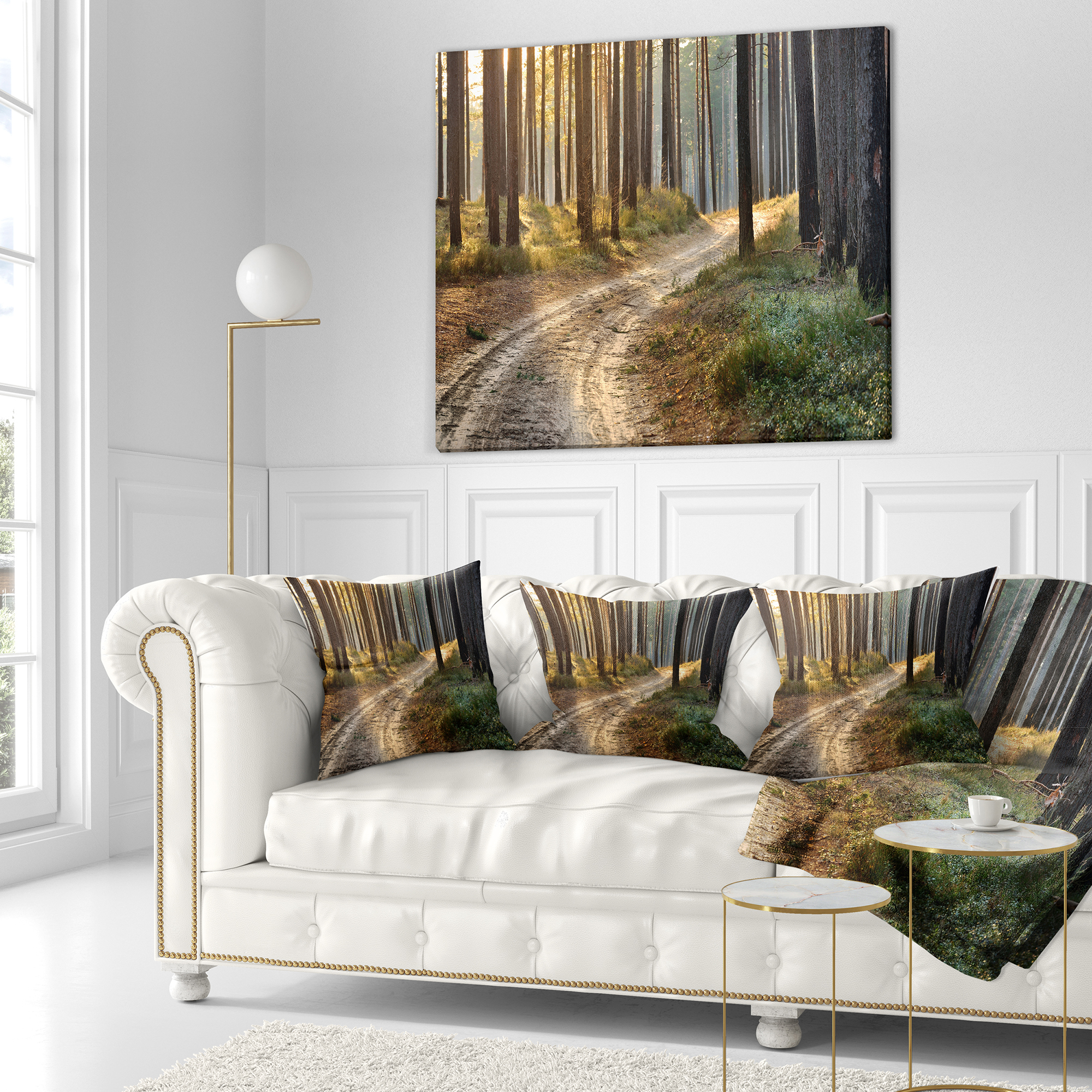 Designart Road in Thick Morning Forest - Landscape Photo Throw Pillow - 18x18