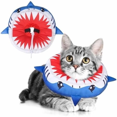 Cat Cone Collars Soft Cat Recovery E Collars After Surgery to Stop Licking Adjustable Elizabeth Circle Collar Cute Pet Donut Pillow for Cats Kitten Small Dogs Cute Shark M