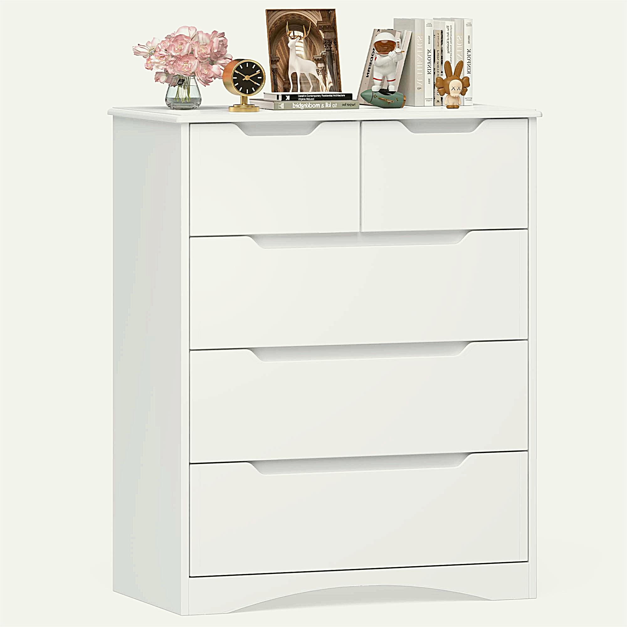 Dresser, Lofka 5 Drawer Dresser for Bedroom with Cutout Handle and Wooden Board, White