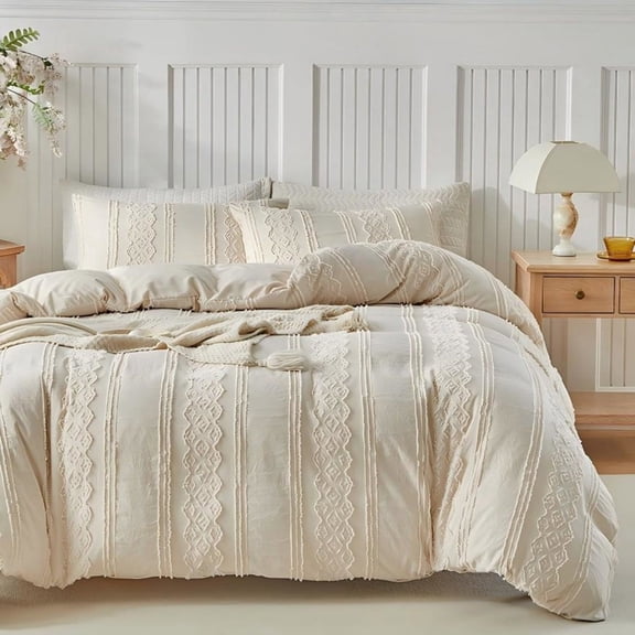 3 Pieces Striped Tufted Boho Duvet Cover Set Khaki Farmhouse Shabby Chic Embroidered Queen Bedding Set for All Seasons with Comforter Cover with Pillowcases