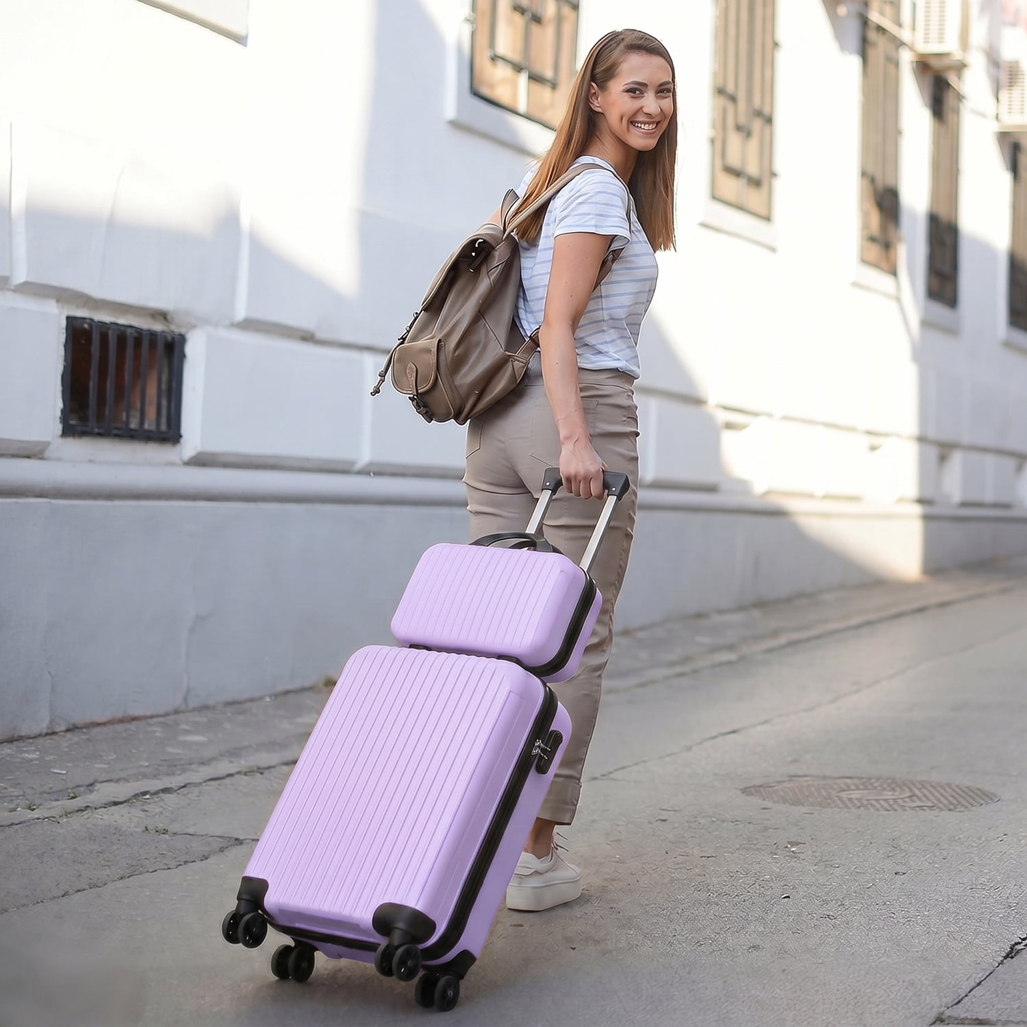 2 Piece Vertical Striped Luggage Set, Carry On Hardside Suitcase with Spinner Wheels & TSA Lock, Lightweight Travel Luggage with Cosmetic Case Purple