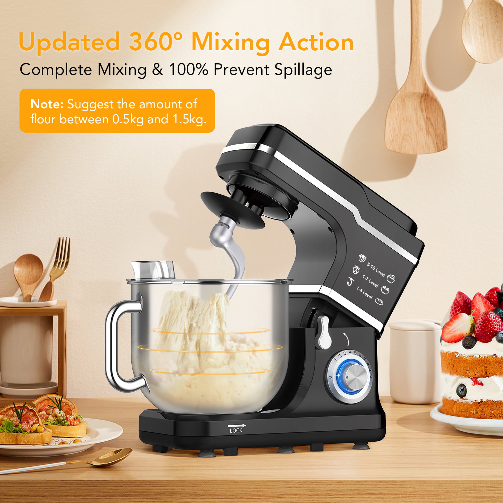ZZR SEVEN Stand Mixer, Dough Mixer, Bread Mixer, Cake Mixer with Bowl SS  5.5 QT, 450W Copper Motor, 10-Speed Kitchen Electric Standing Mixer with