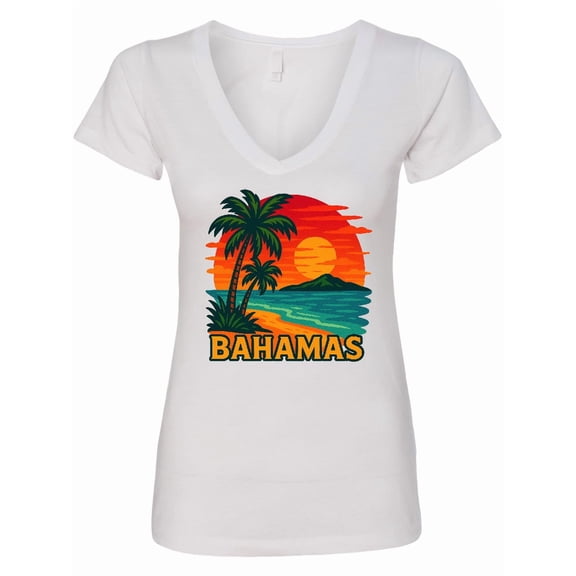 Inktastic Bahamas Sunset Beach Palm Trees Vintage Tropical Women's V-Neck T-Shirt
