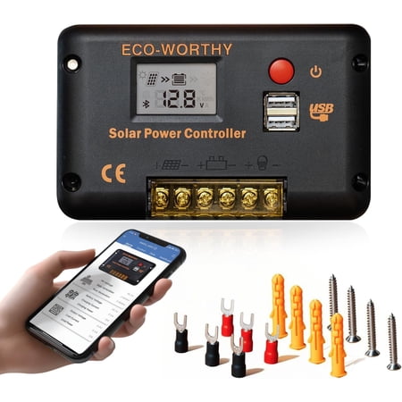 30A Solar Charger Controller Bluetooth,Solar Panel Battery Intelligent Regulator with Dual USB Ports Auto 12/24V PWM Negative Ground for Lithium,Lead-Acid,Gel Battery