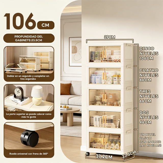 5 Cajas de Almacenamiento Plegables con 5 Niveles, Ruedas Silenciosas, Puerta Magnética, Organizadores Apilables de ABS de 50X25X120 Cm, Cajas de Organización Removibles para Dormitorio