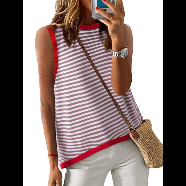 Camiseta Sin Mangas de Cuello Alto con Bloques de Color y Rayas Informales para Mujer, de Verano 2025, de Punto Holgado, de Corte Alto y Sin Mangas Rosa L