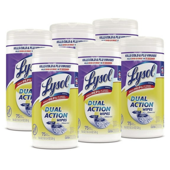 LYSOL Brand 19200-81700 7 in. x 7.5 in. 1-Ply Dual Action Disinfecting Wipes - Citrus, White/Purple (6 Canisters/Carton)
