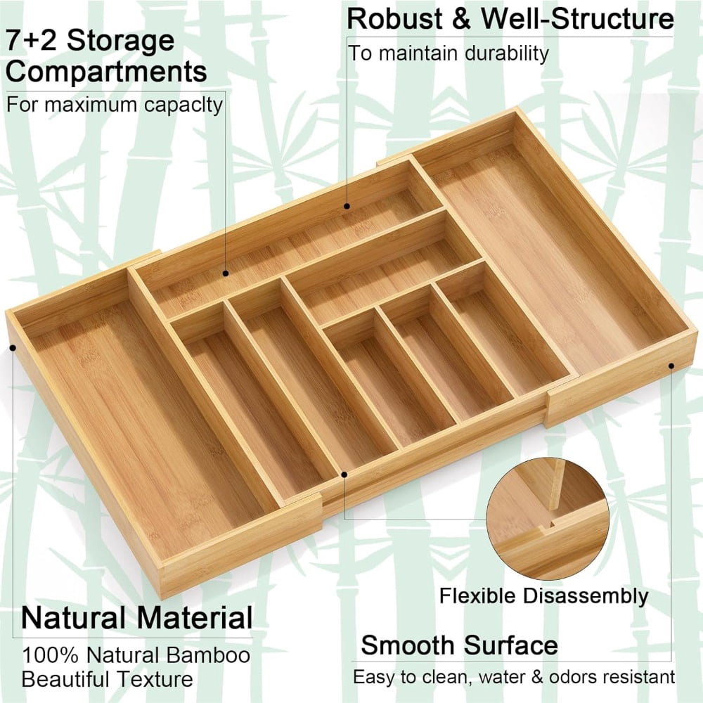 Bamboo Utensil Organizer for Kitchen Drawers, Utensil Tray and Cutlery Silverware Holder,Wood Drawer Dividers with 5 Slots