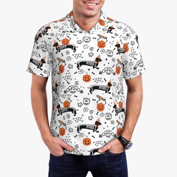 Balery Halloween Dachshund Camisa Polo de Hombre con Estampado, de Manga Corta y Tejido Medio, Camisa Tipo Golf Polo-Large