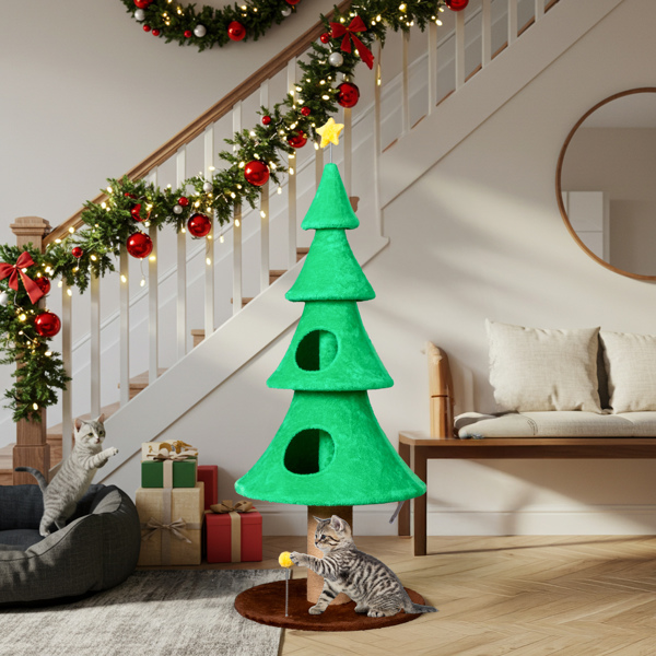 59in Large Tall Christmas Tree Cat Tower with 2 Cat Condos & Scratching Post, Soft Fleece Cat Tree with Teaser Toy & Sturdy Base & Built-in Openings for Indoor Cats, Green
