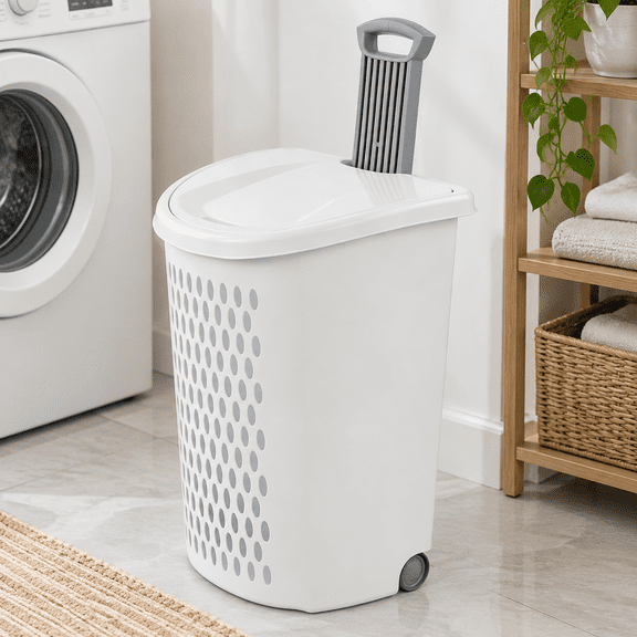 White Plastic Rolling Laundry Basket with Lid and Retractable Handle