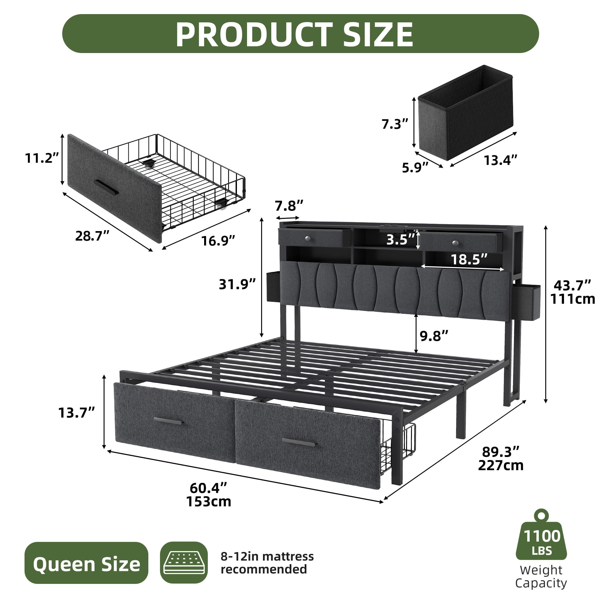 Uforic Queen Upholstered Bed Frame with Charging Station, LED Platform Bed with Storage Drawers,Gray