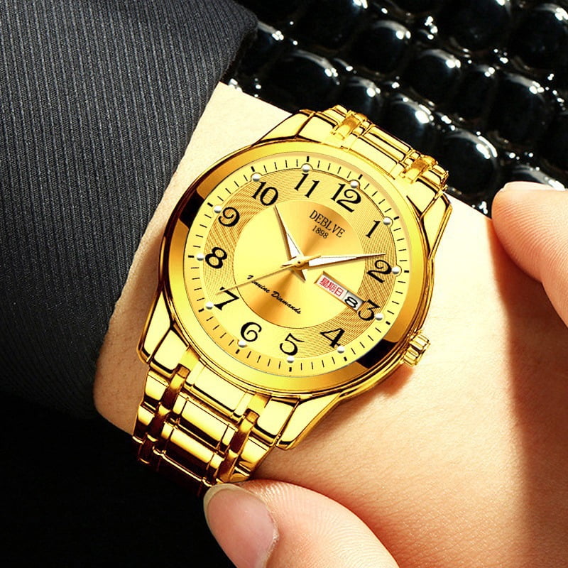Men's watch with digital luminous display, dual calendar, alloy solid quartz watch, steel strap, waterproof, fashionable non-mechanical wristwatch for men