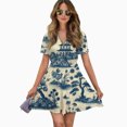 thumbnail image 2 of Vintage Blue Chinoiserie Toile Boat Women Dress V-Neck Short Sleeve Flowy Swing Party Midi Dress, 2 of 4