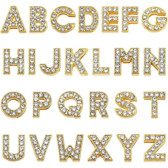 52Pcs 26 Styles Full Rhinestones Slide Alphabet Letters Charms Alloy Rhinestone Slide Charms 12mm Golden A-Z Letter Charm for Bracelets Necklace Wristbands DIY Jewelry Making Gold