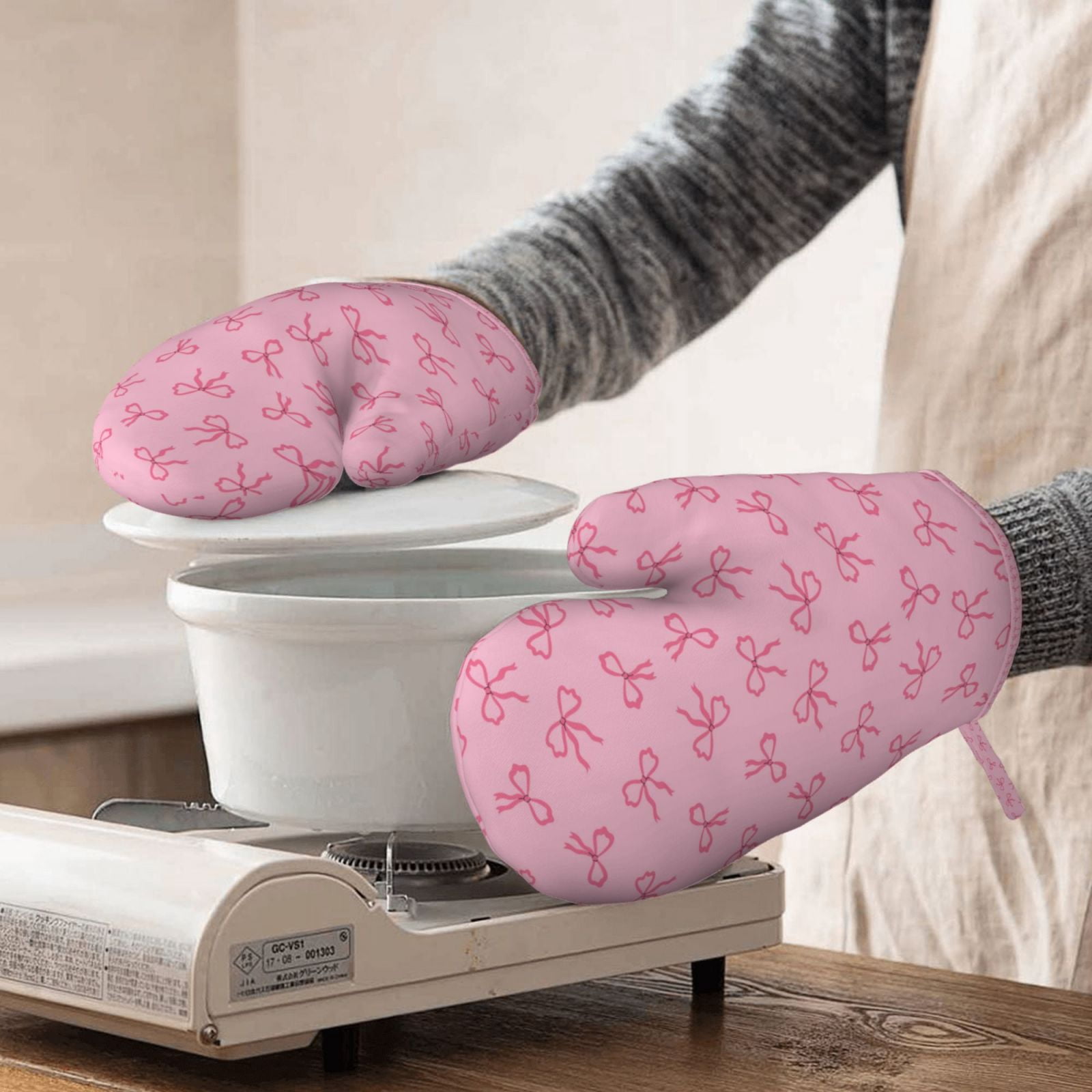 Hirioo Pink Bows for Silicone Oven Mitts for BBQ, Baking, Cooking, Set of 2, Heat Resistant 260℃, Non-Slip Kitchen Essentials
