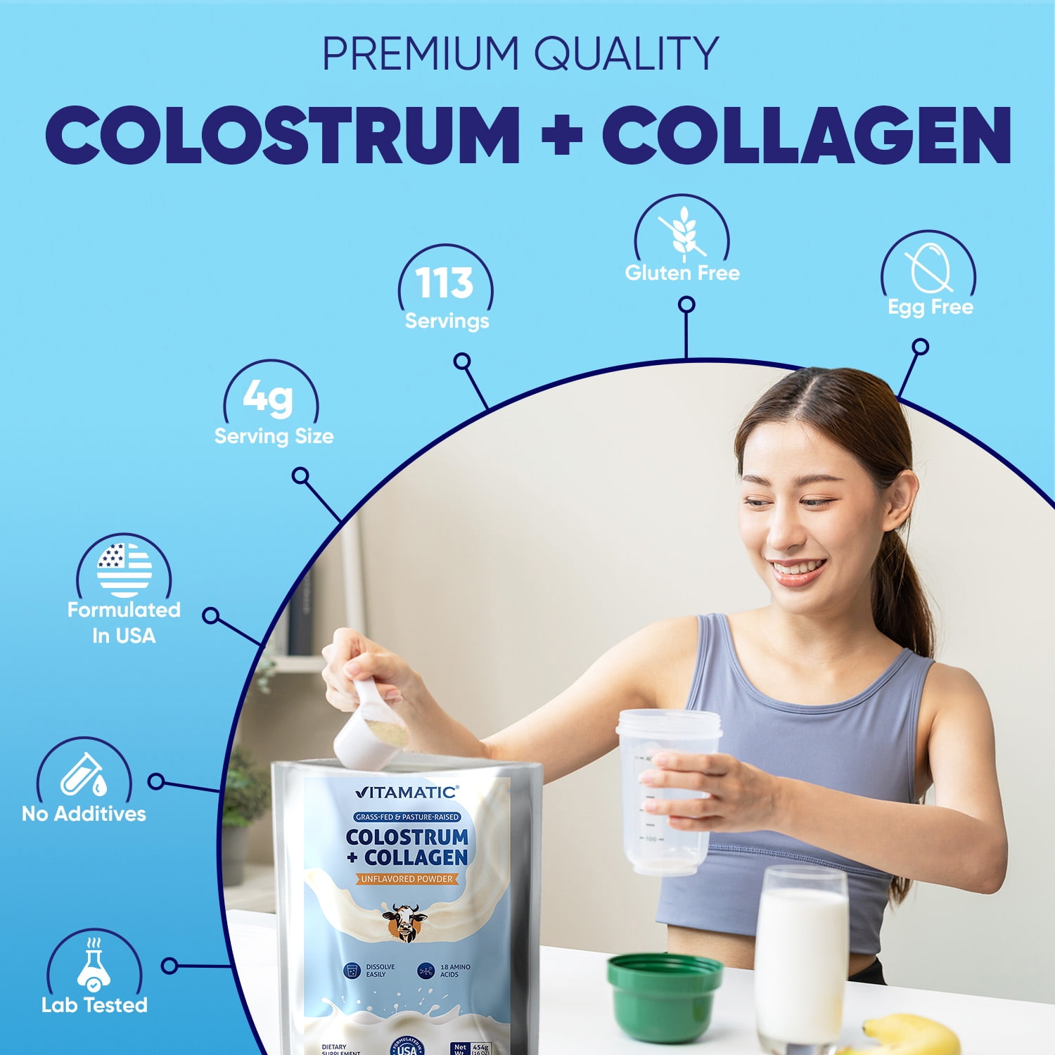 Vitamatic Bovine Colostrum + Collagen Powder - Supplement for Gut Health, Hair Growth, Beauty, Muscle Recovery, & Immune Support - Unflavored - 454 Gram, (16 oz)