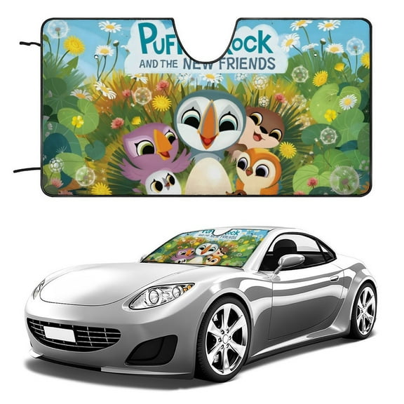 Puffin Rock-theme Windshield Sun Shade Front Protector Folding Car Sun Visor Blocks Uv Rays Keeps Your Vehicle Cool52in*28in(130cm*70cm)